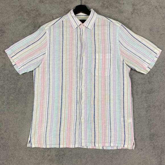 Linen Shirt Mens S Multi Striped Club Room Short Sleeve Button-Up Classic Summer - Picture 1 of 16